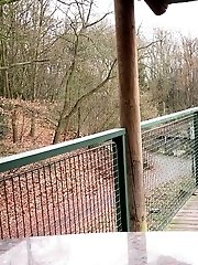 15 pictures - Blonde in pantyhose pisses on wooden decking