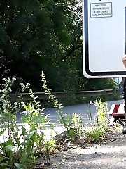 15 pictures - Gorgeous brunette pisses outside on a main road