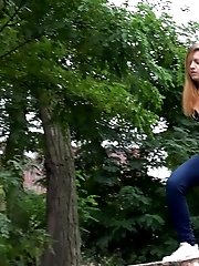 15 pictures - Cute girl pulls down denims to piss