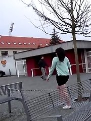 15 pictures - Dark haired girl is watched outside as she pees