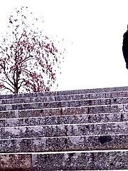 15 pictures - Dark haired hottie pisses down concrete steps