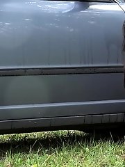 15 pictures - Exotic babe squats behind parked car to piss