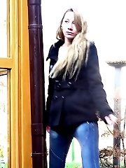 15 pictures - European girl pisses outside a summer house